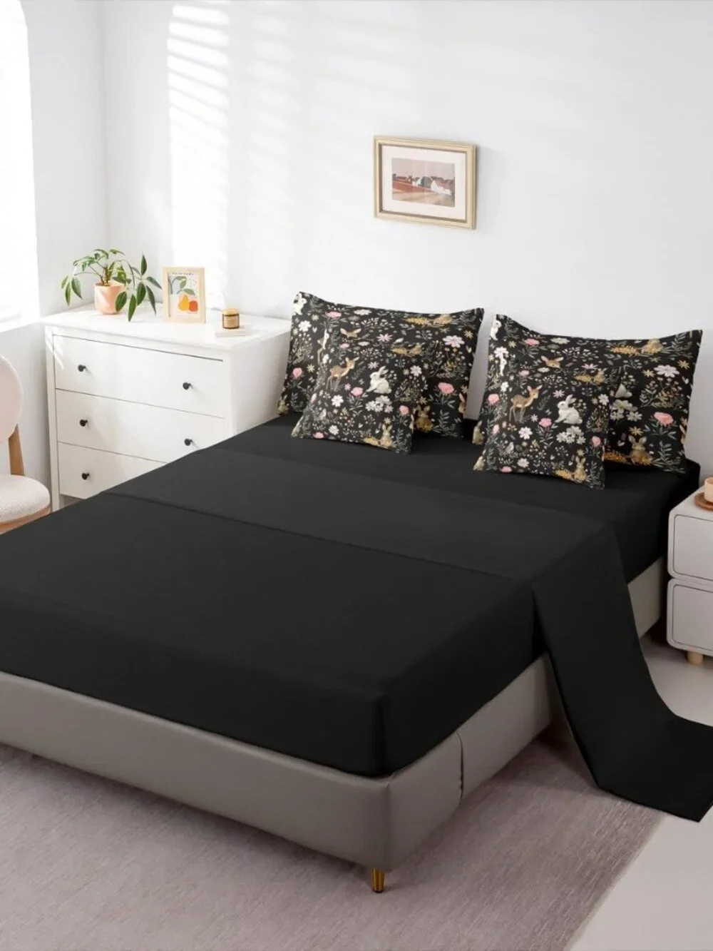 Cute Deer and Rabbit 7 Piece Bedding Set Floral Flower Comforter Set with Sheets